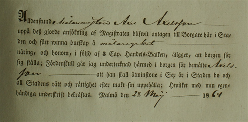 Målaren Axel Axelsson burskapsbevis Målaren Axel Axelsson burskapsbevis