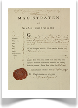 Dokumentet frn 1827 visa p en intressant stavning p Simrisham. Det avser stadens kopparslagare som under ett rs tid fr resa till olika marknader i landet.